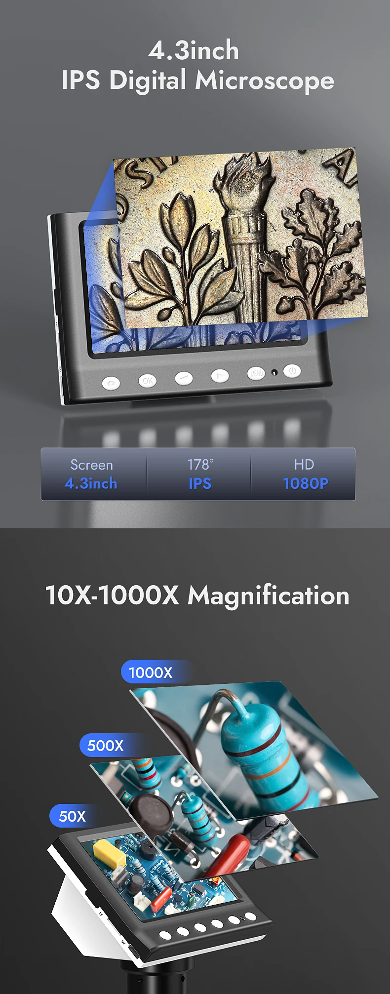 מיקרוסקופ דיגיטלי עם מסך תצוגה 4.3 אינץ' – הגדלה עד פי 1000, כולל מסך HD ו-8 נורות LED,