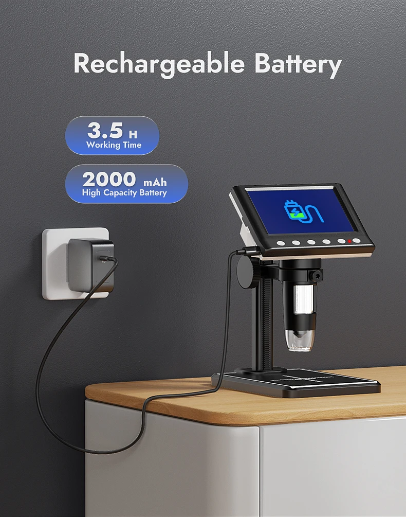 מיקרוסקופ דיגיטלי עם מסך תצוגה 4.3 אינץ' – הגדלה עד פי 1000, כולל מסך HD ו-8 נורות LED,