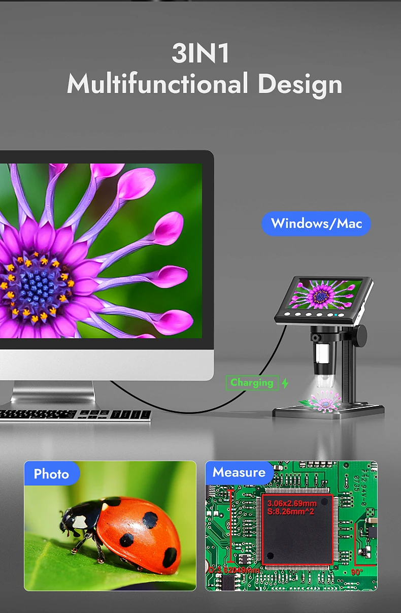 מיקרוסקופ דיגיטלי עם מסך תצוגה 4.3 אינץ' – הגדלה עד פי 1000, כולל מסך HD ו-8 נורות LED,