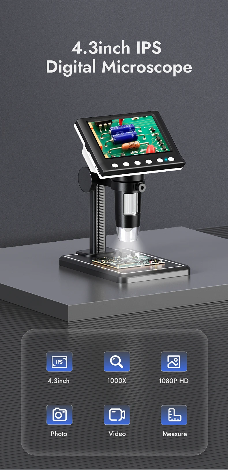 מיקרוסקופ דיגיטלי עם מסך תצוגה 4.3 אינץ' – הגדלה עד פי 1000, כולל מסך HD ו-8 נורות LED,