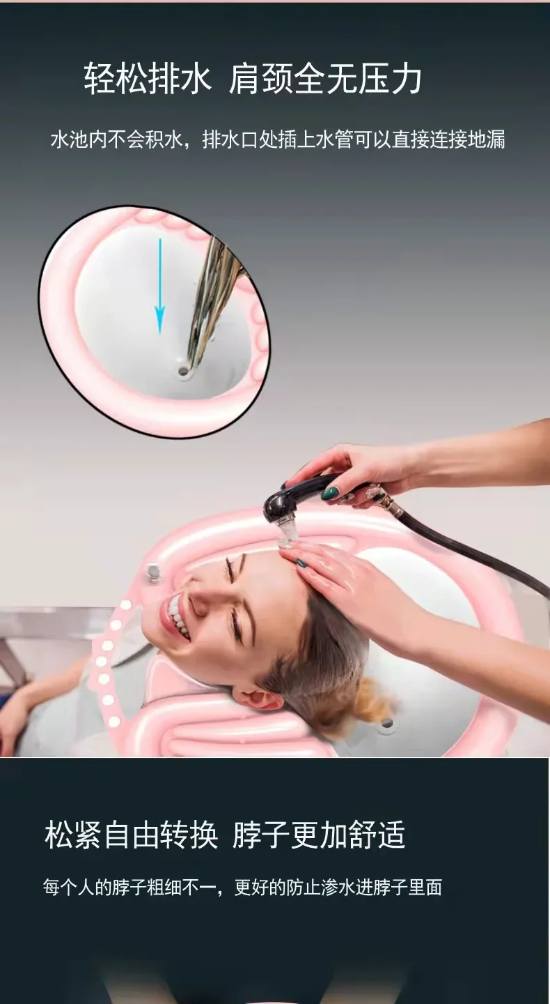 כיור חפיפת שיער מתנפח מפלסטיק נתלה על הצוואר עם צינור ניקוז