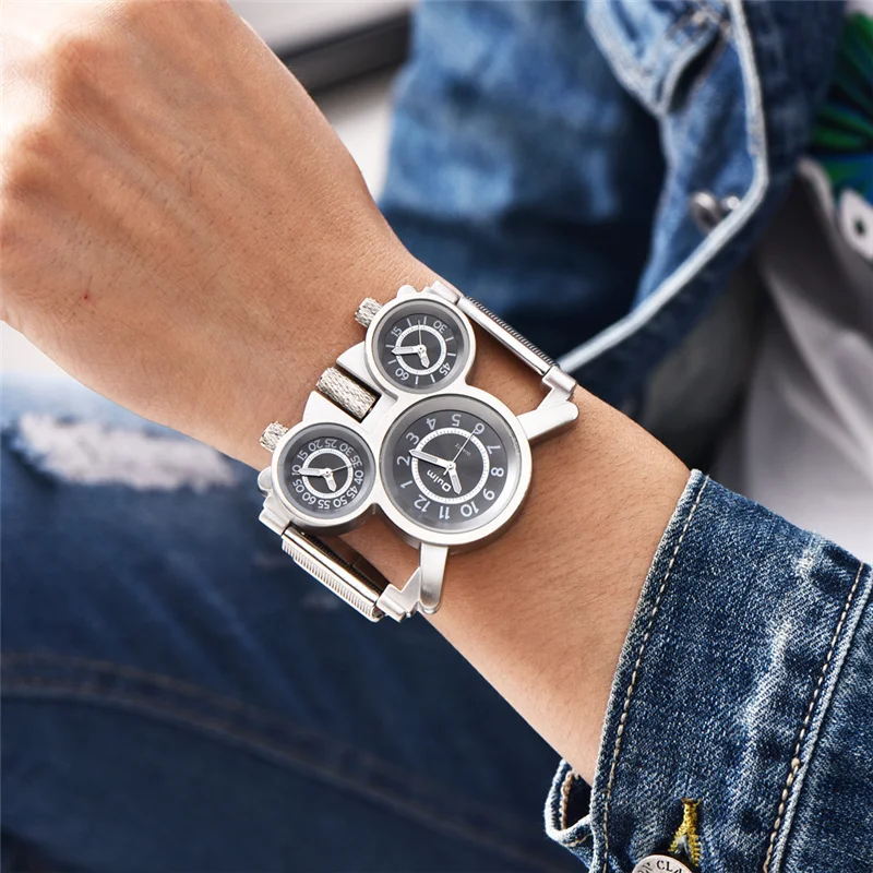 שעון יד יוקרתי אופנתי עם 3 שעונים ל-3 אזורי זמן שונים עם רצועת מתכת או עור לבחירה