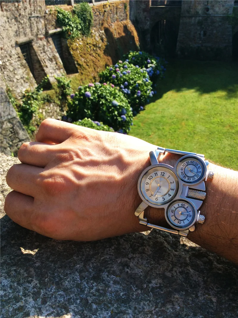 שעון יד יוקרתי אופנתי עם 3 שעונים ל-3 אזורי זמן שונים עם רצועת מתכת או עור לבחירה