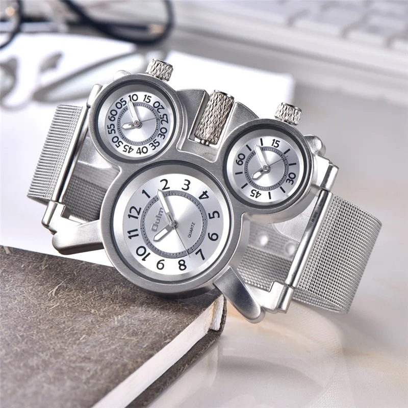 שעון יד יוקרתי אופנתי עם 3 שעונים ל-3 אזורי זמן שונים עם רצועת מתכת או עור לבחירה