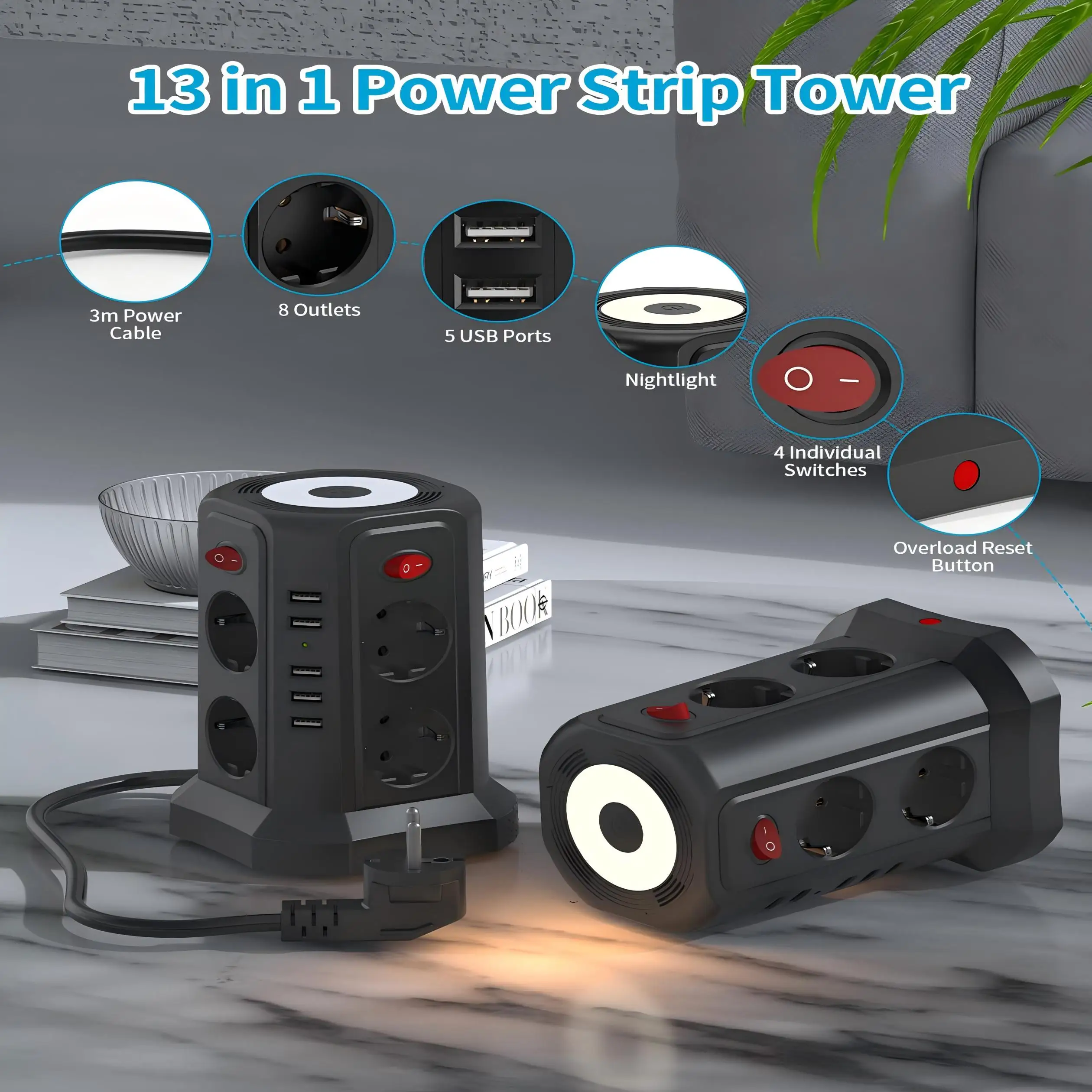 מגדל שקעי חשמל רב־תכליתי עם 8 יציאות ו־5 חיבורי USB כולל מפסקי שליטה נפרדים ותאורת לילה