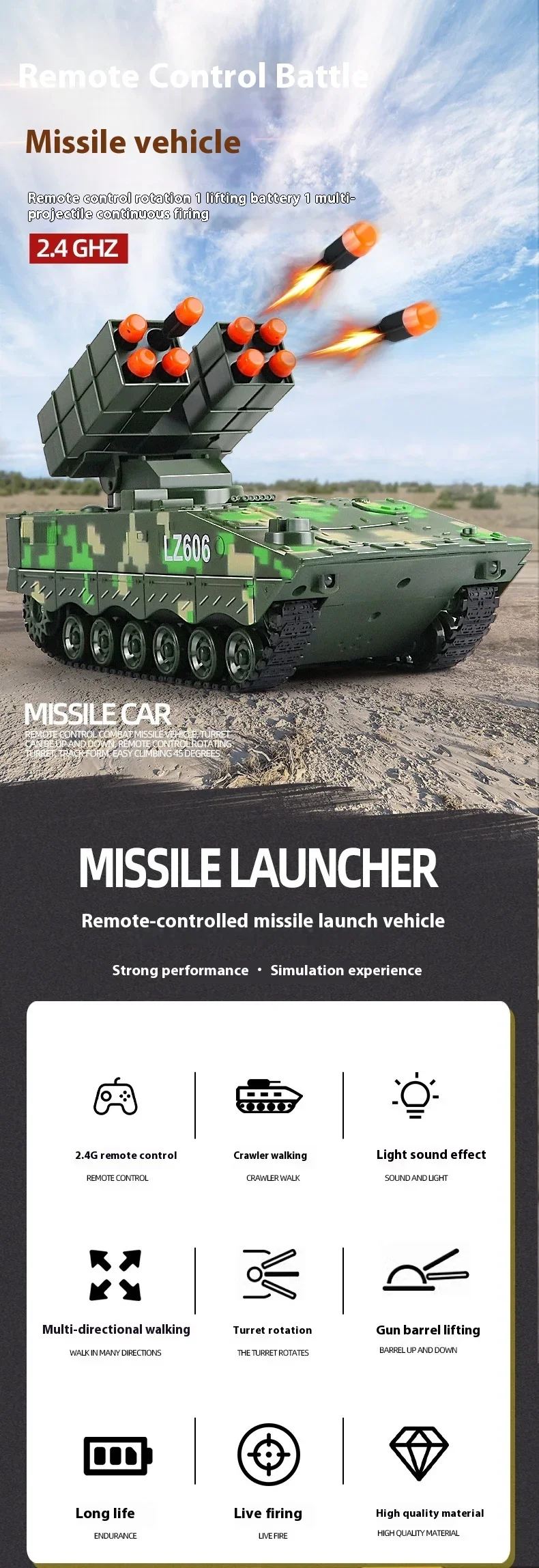 צעצוע נטען טנק משגר טילים בשלט רחוק