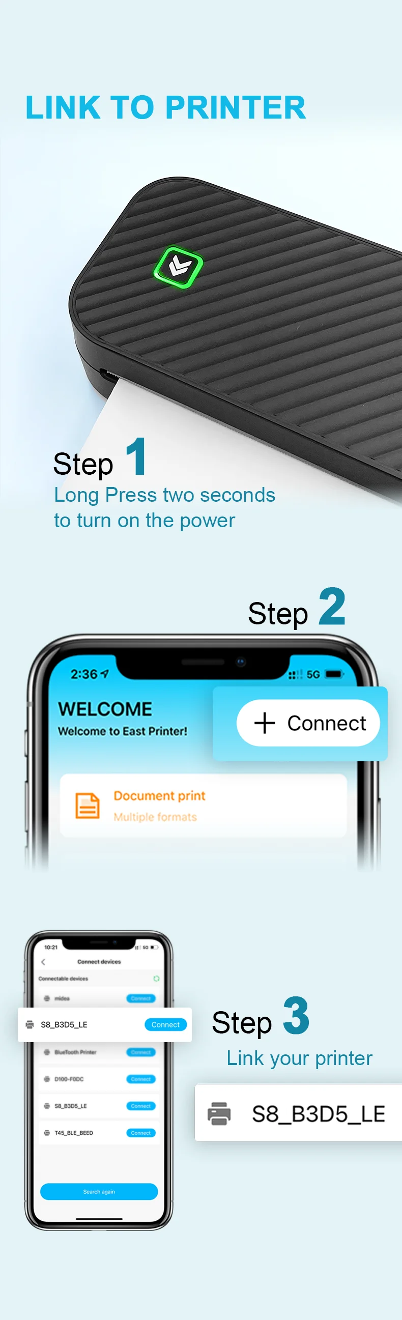 מדפסת תרמית ניידת ללא דיו עם חיבור בלוטות' להדפסה מהמחשב או מהטלפון