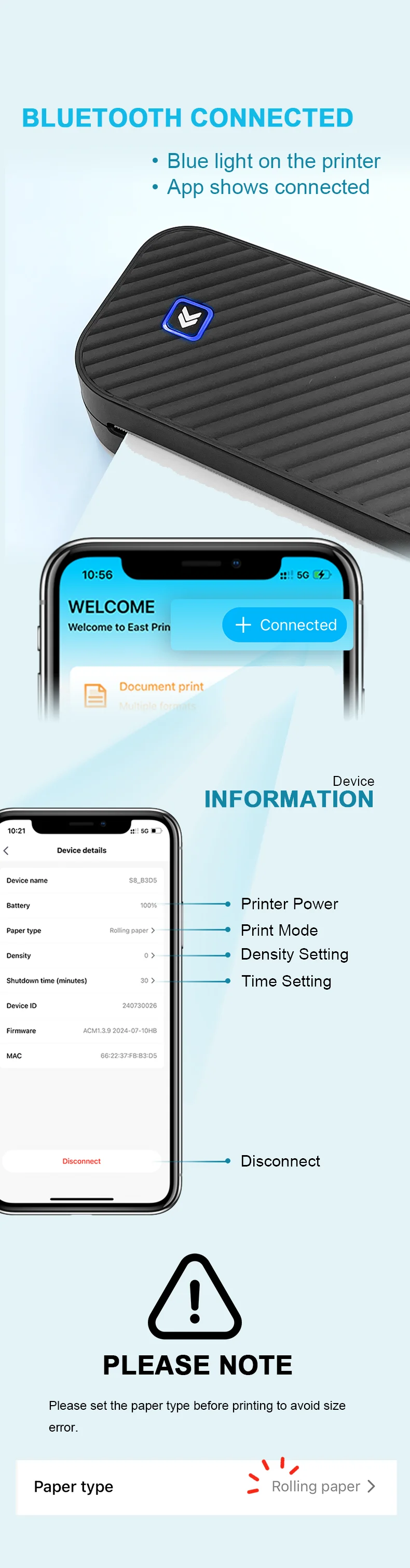 מדפסת תרמית ניידת ללא דיו עם חיבור בלוטות' להדפסה מהמחשב או מהטלפון