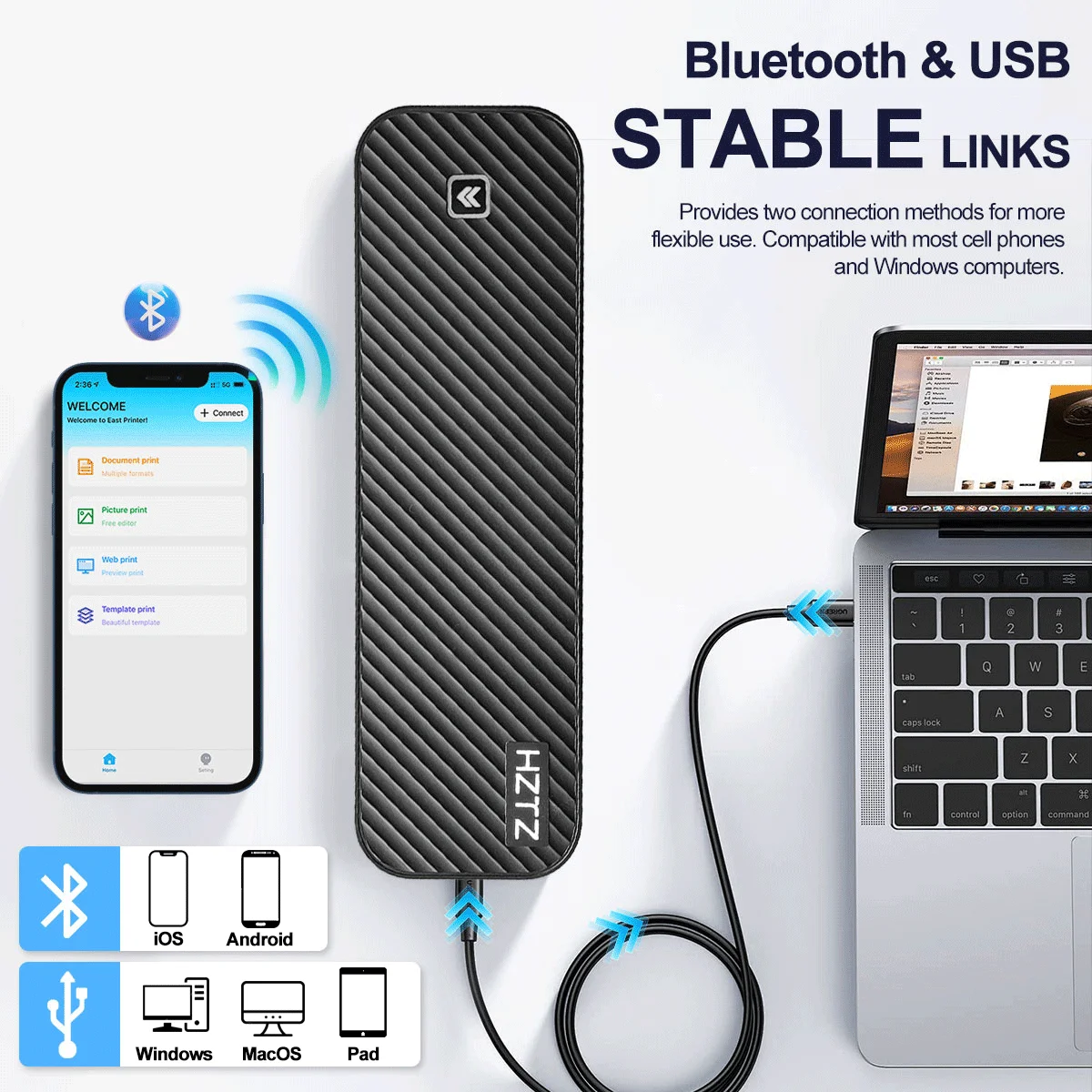 מדפסת תרמית ניידת ללא דיו עם חיבור בלוטות' להדפסה מהמחשב או מהטלפון